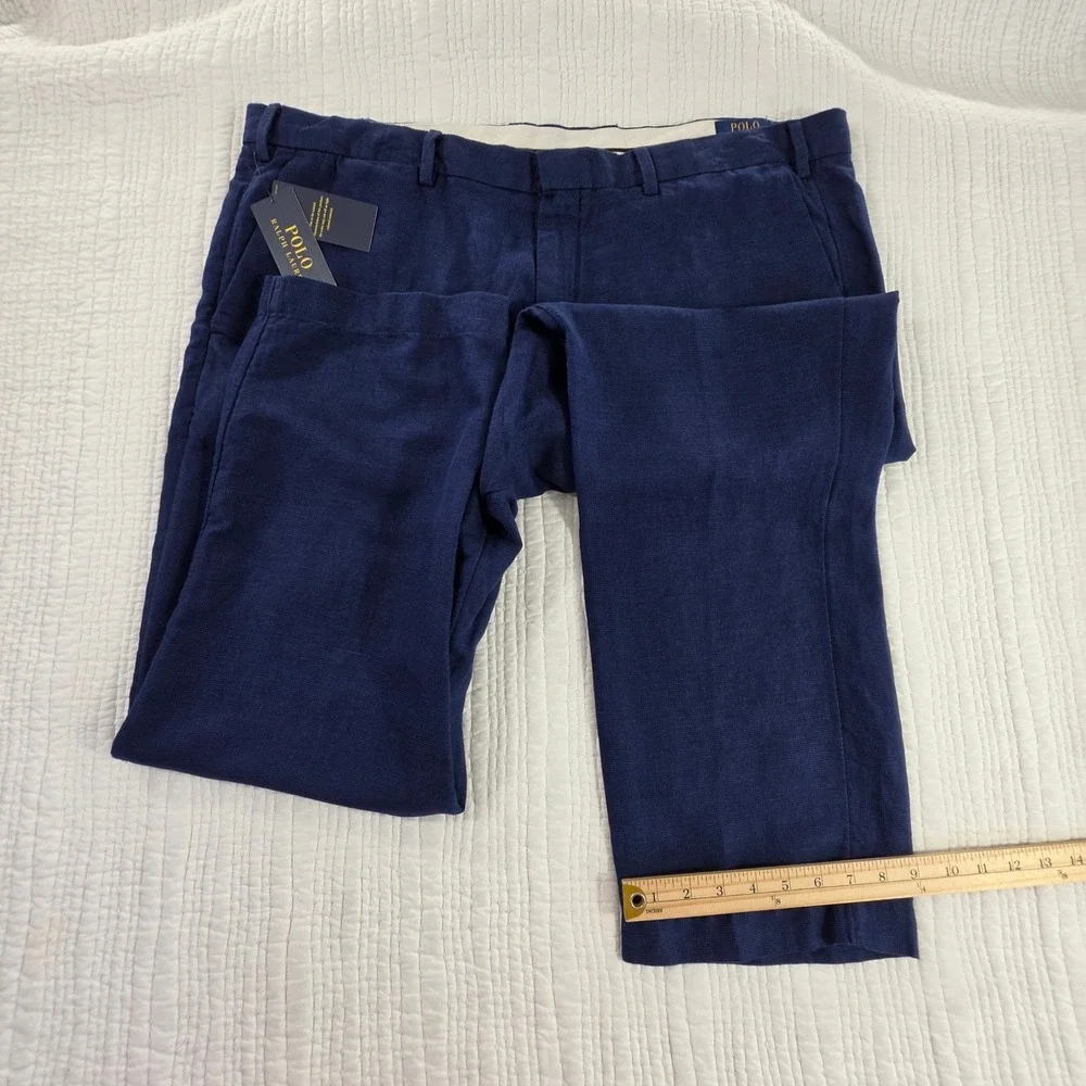 Polo Ralph Lauren Mens NWT Navy Blue Linen Cotton Straight Fit Pants 42/30 Chino